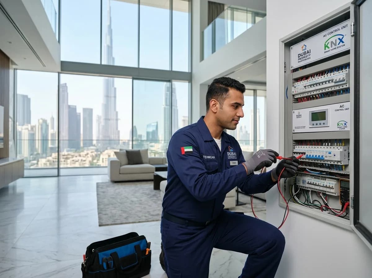 Fix Plus licensed technician inspecting luxury villa electrical and AC systems in Dubai